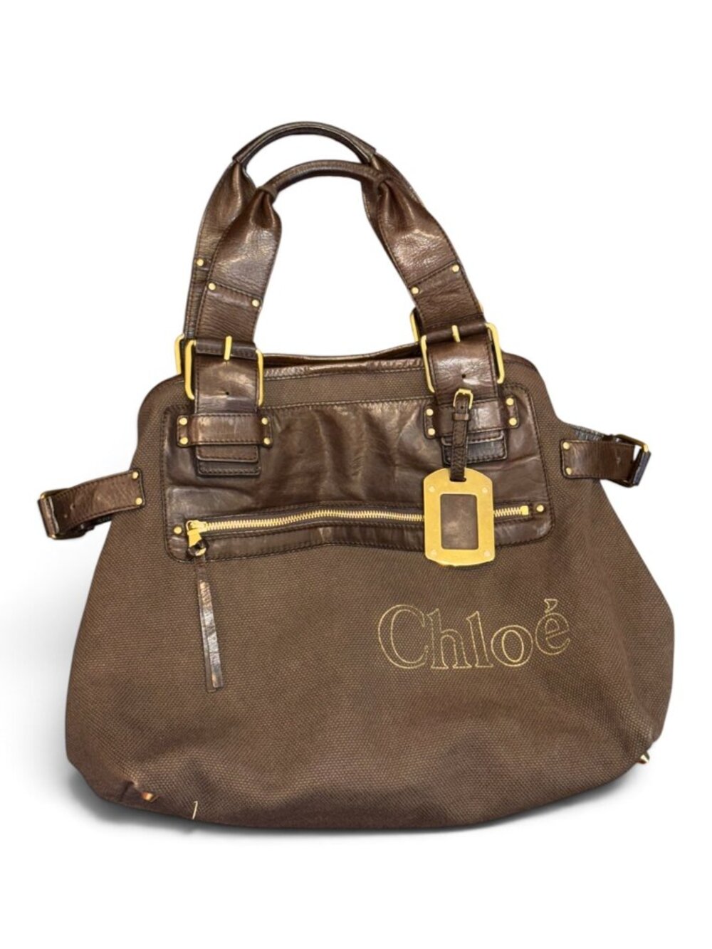 Chloé Large Brown Canvas & Leather Tote Bag With Gold Accents Spacious Design & - Picture 2 of 10